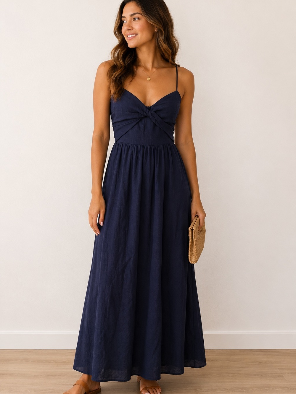Here Comes The Sun Navy Blue Twist Front Cutout Maxi Dress Size M